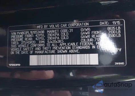 2016 Volvo Xc90 Hybrid T8 Inscription из США, поврежденный, VIN YV4BC0PL1G1053498